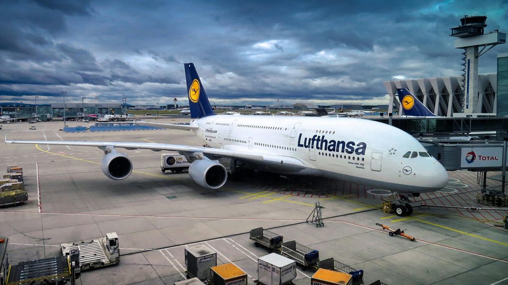 Lufthansa Boeing 777 aircraft at airport gate